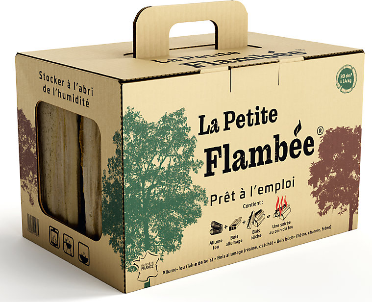 Bois extra-sec : Carton La petite flambée , éclats d'allumage, allume feu, 25 dm3, 12,5 KG